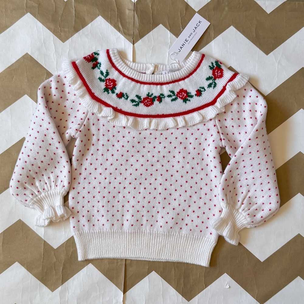 Janie and Jack White Sweater with Red & Green Floral Yoke